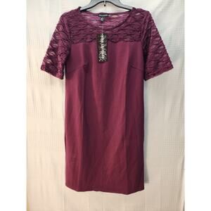 Nina Leonard Dress Womens Sz Small Lace Beaded Midi Short Sleeve Red Wine 1078